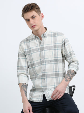 COTTON LINEN CHECKERED GREEN SHIRT