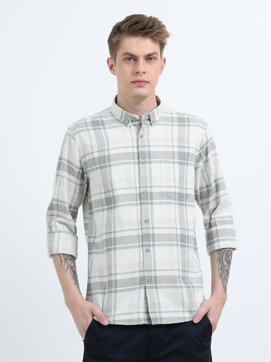 COTTON LINEN CHECKERED GREEN SHIRT