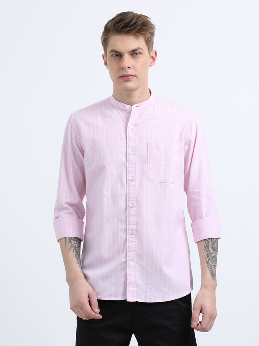 MANDARIN COLLAR  OXFORD PINK STRIPED SHIRT