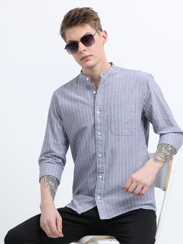 MANDARIN COLLAR  OXFORD GRAY STRIPED SHIRT
