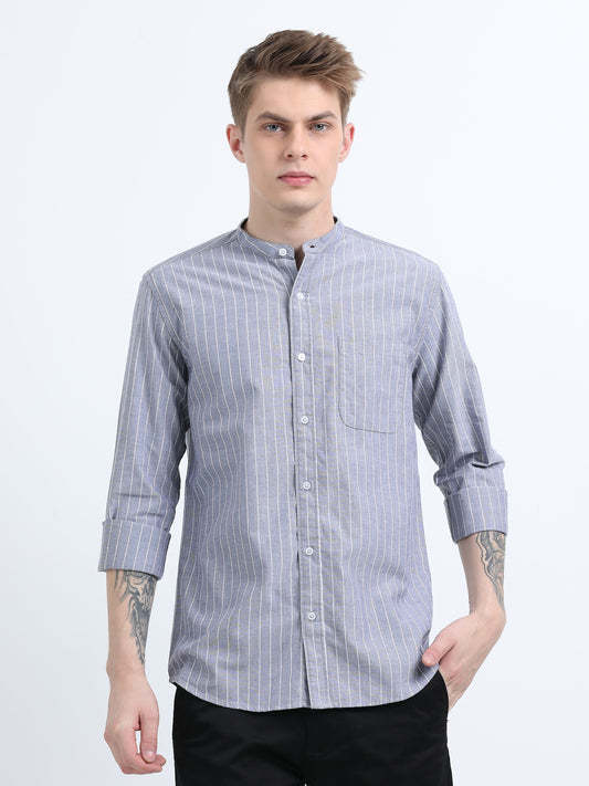MANDARIN COLLAR  OXFORD GRAY STRIPED SHIRT