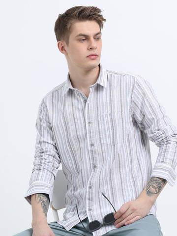 COTTON LINEN STRIPED BROWN SHIRT
