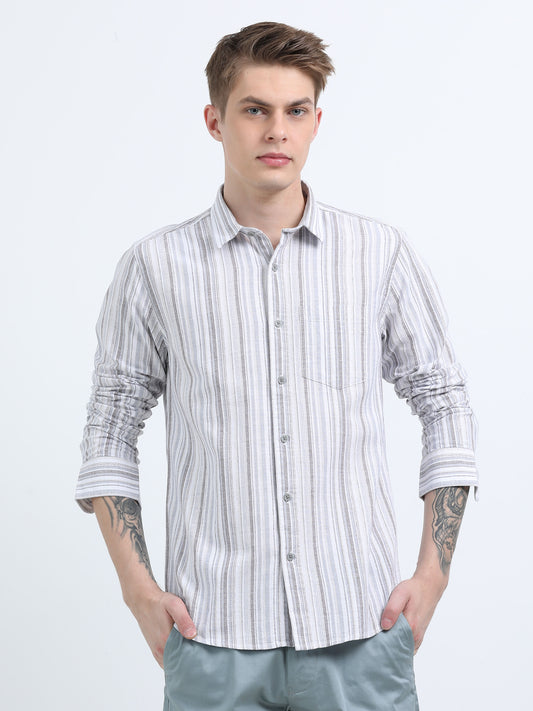 COTTON LINEN STRIPED BROWN SHIRT