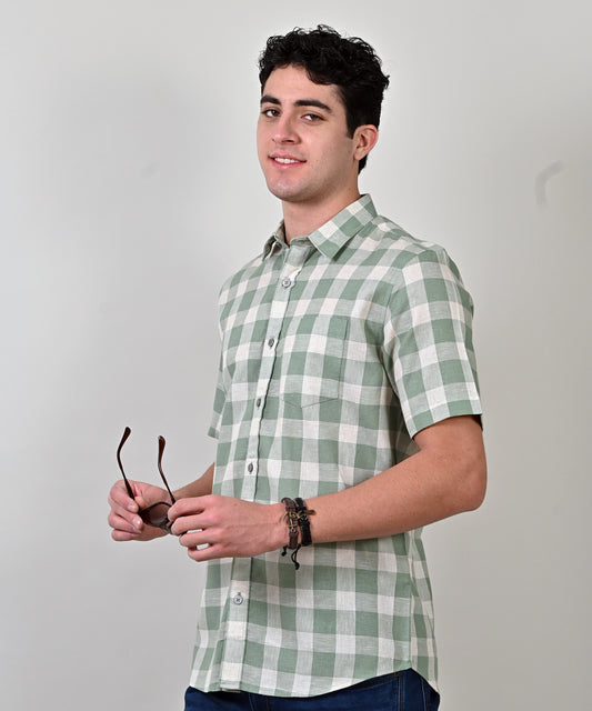 Oxford Dobby Half Sleeve Green Checkered Shirt