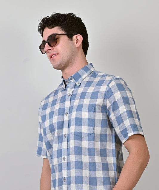 Oxford Dobby Half Sleeve Blue Checkered Shirt