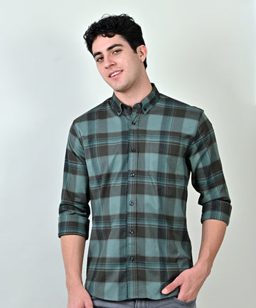 Twill Lycra Green Checkered Shirt