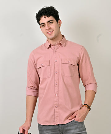 Cord Plain Double Pocket Peach Shirt