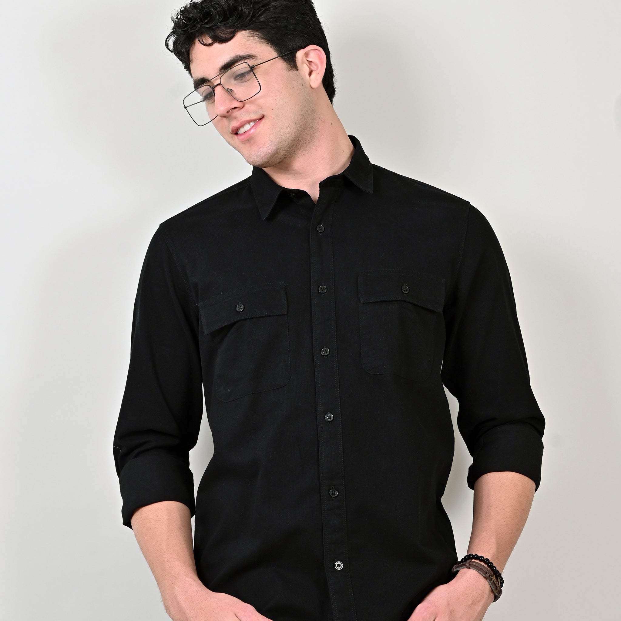 Cord Plain Double Pocket Black Shirt
