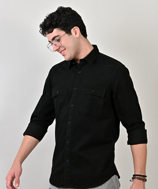 Cord Plain Double Pocket Black Shirt