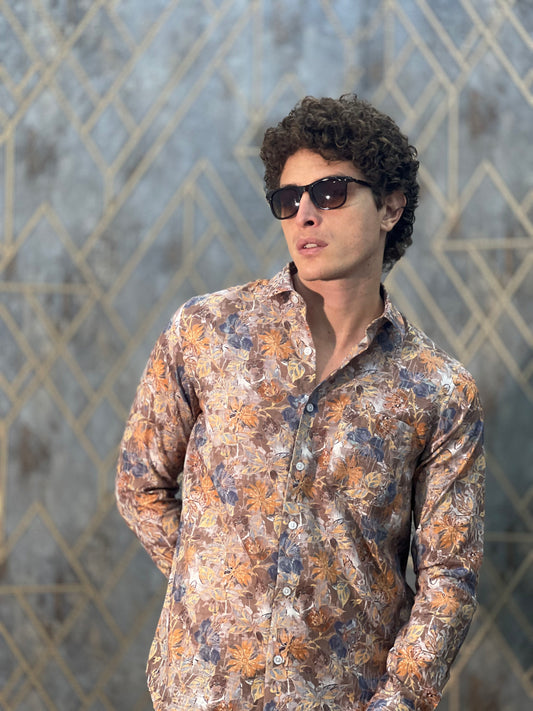BLENDED LINEN PRINT KHAKI SHIRT