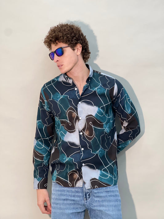 COTTON LINEN DIGITAL PRINT GREEN  SHIRT