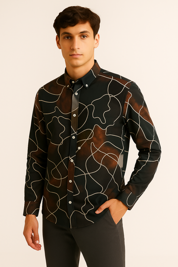 COTTON LINEN DIGITAL PRINT BROWN SHIRT
