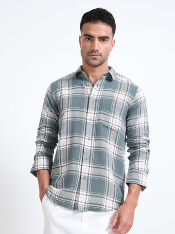 DOBBY GREEN CHECKERED SINGLE POCKET SHIRT