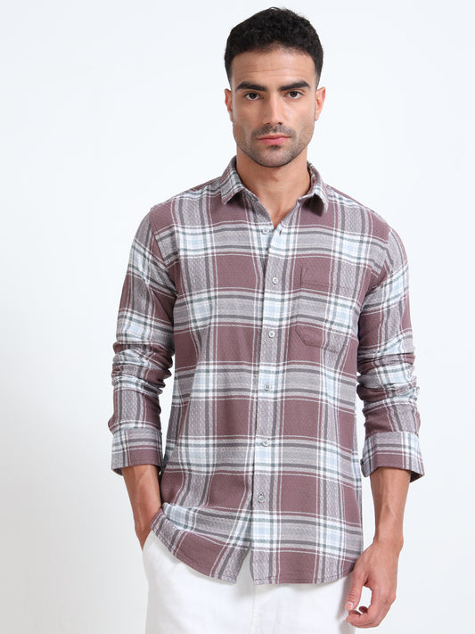 DOBBY BROWN CHECKERED SINGLE POCKET SHIRT
