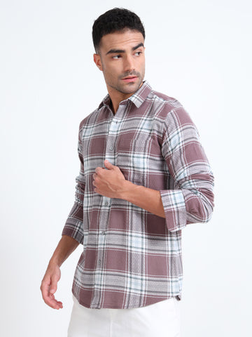 DOBBY BROWN CHECKERED SINGLE POCKET SHIRT