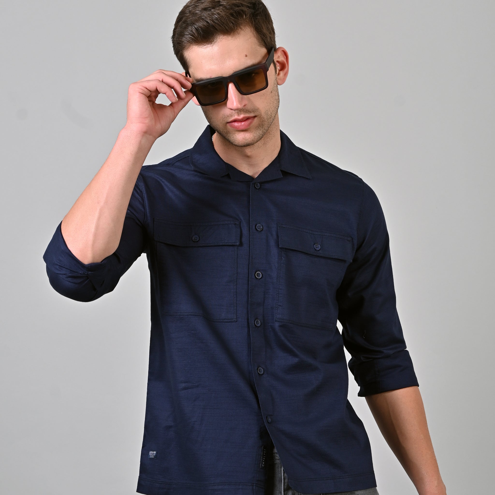 Plain Oxford Double Pocket Navy Blue Shirt