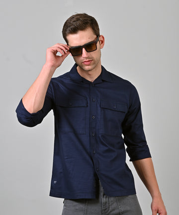 Plain Oxford Double Pocket Navy Blue Shirt
