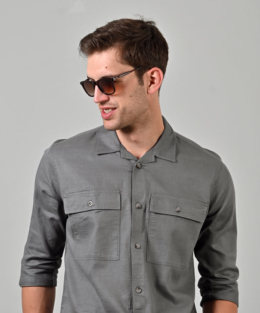 Plain Oxford Double Pocket Grey Shirt