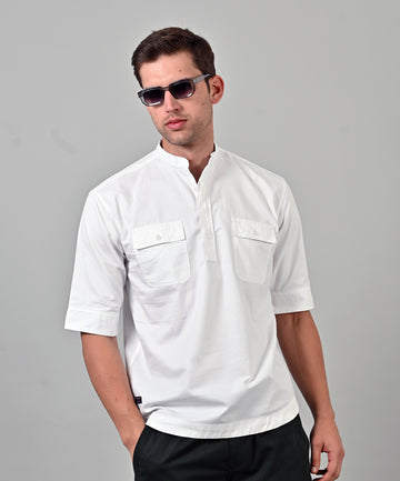 Cord Double Pocket Five Sleeve White Shirt