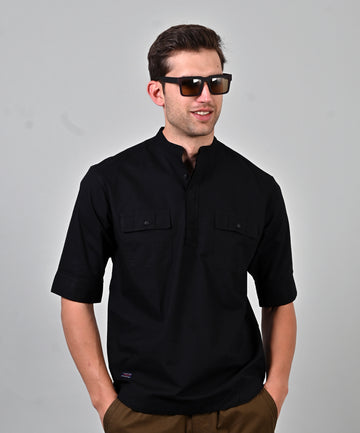 Cord Double Pocket Five Sleeve Black Shirt