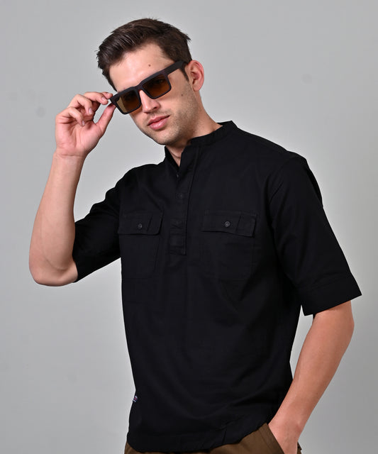 Cord Double Pocket Five Sleeve Black Shirt