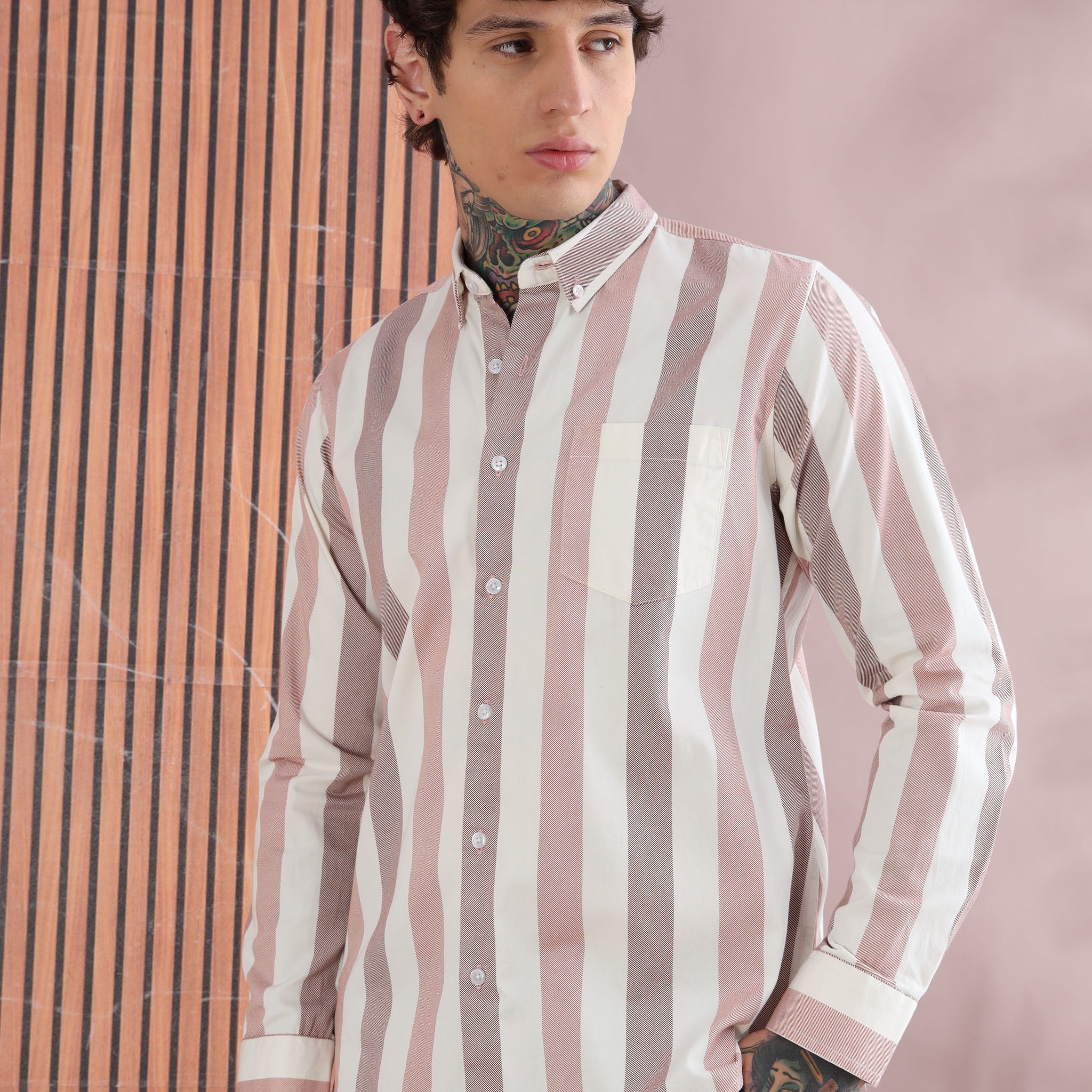 RED TWILL PRINTED STRIPED SHIRT