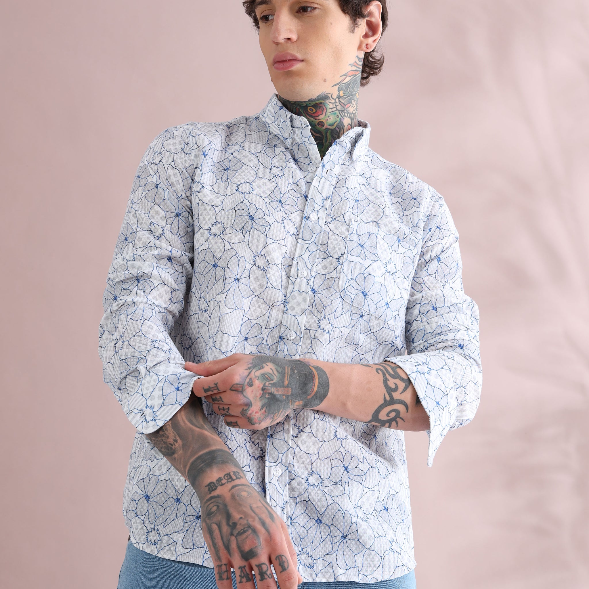 BLUE COTTON LINEN PRINTED SHIRT