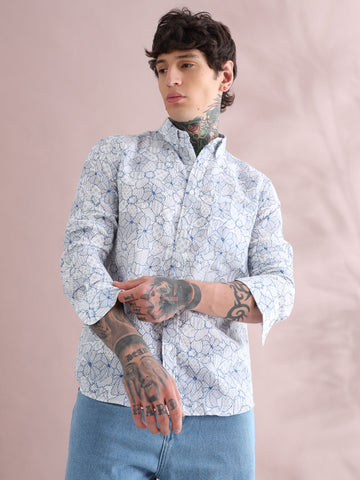 BLUE COTTON LINEN PRINTED SHIRT