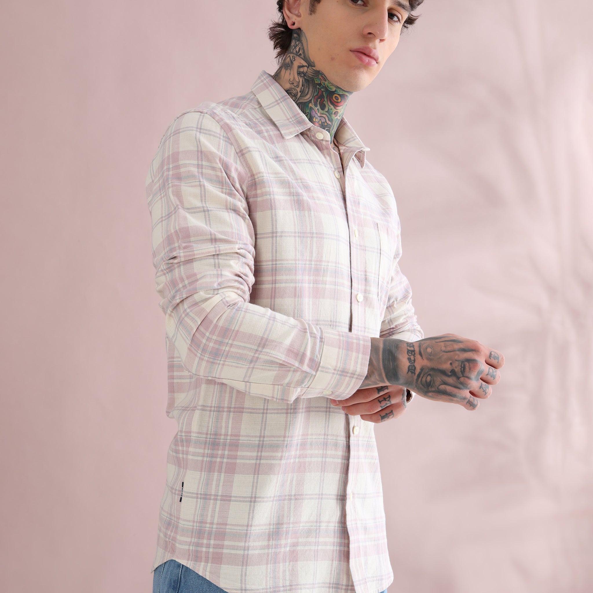 DOBBY CHECKED PINK SHIRT