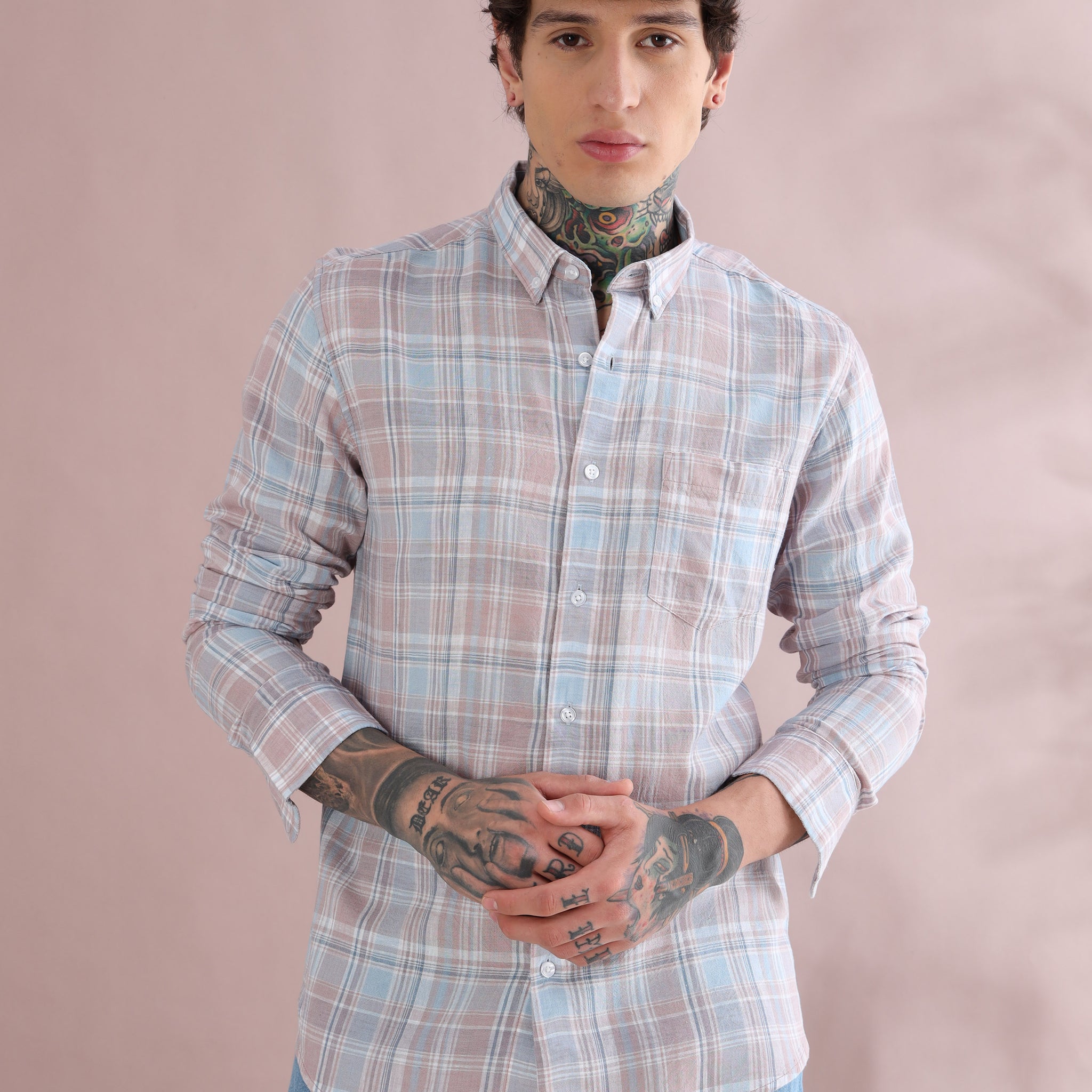RED COTTON LINEN CHECKED SHIRT
