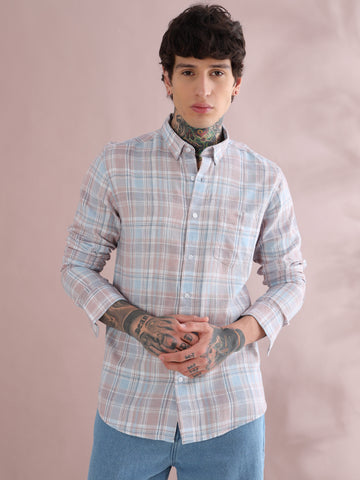 RED COTTON LINEN CHECKED SHIRT