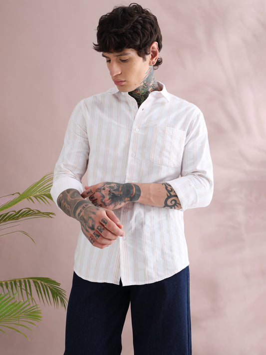 IMPORTED COTTON LINEN ORANGE STRIPED SHIRT