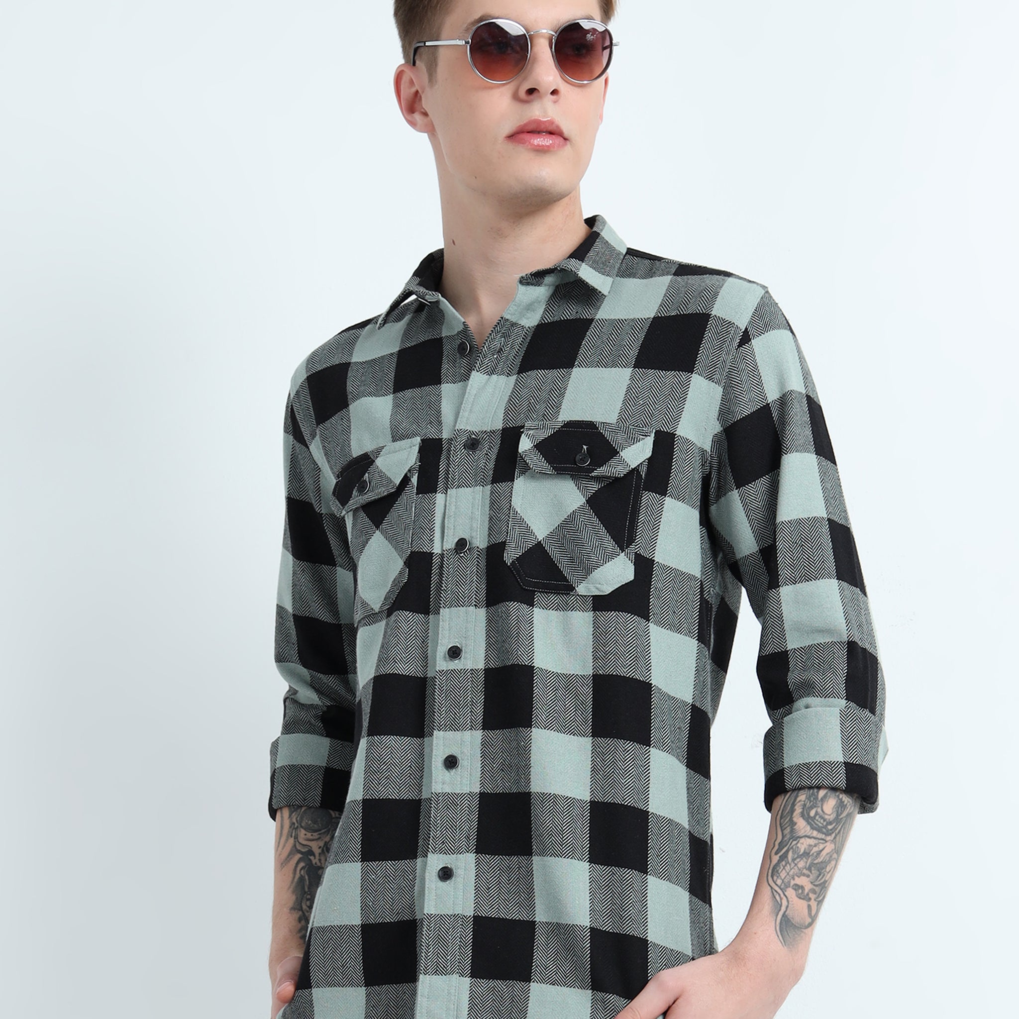 DOBBY CHECKERED DOUBLE POCKET SHIRT