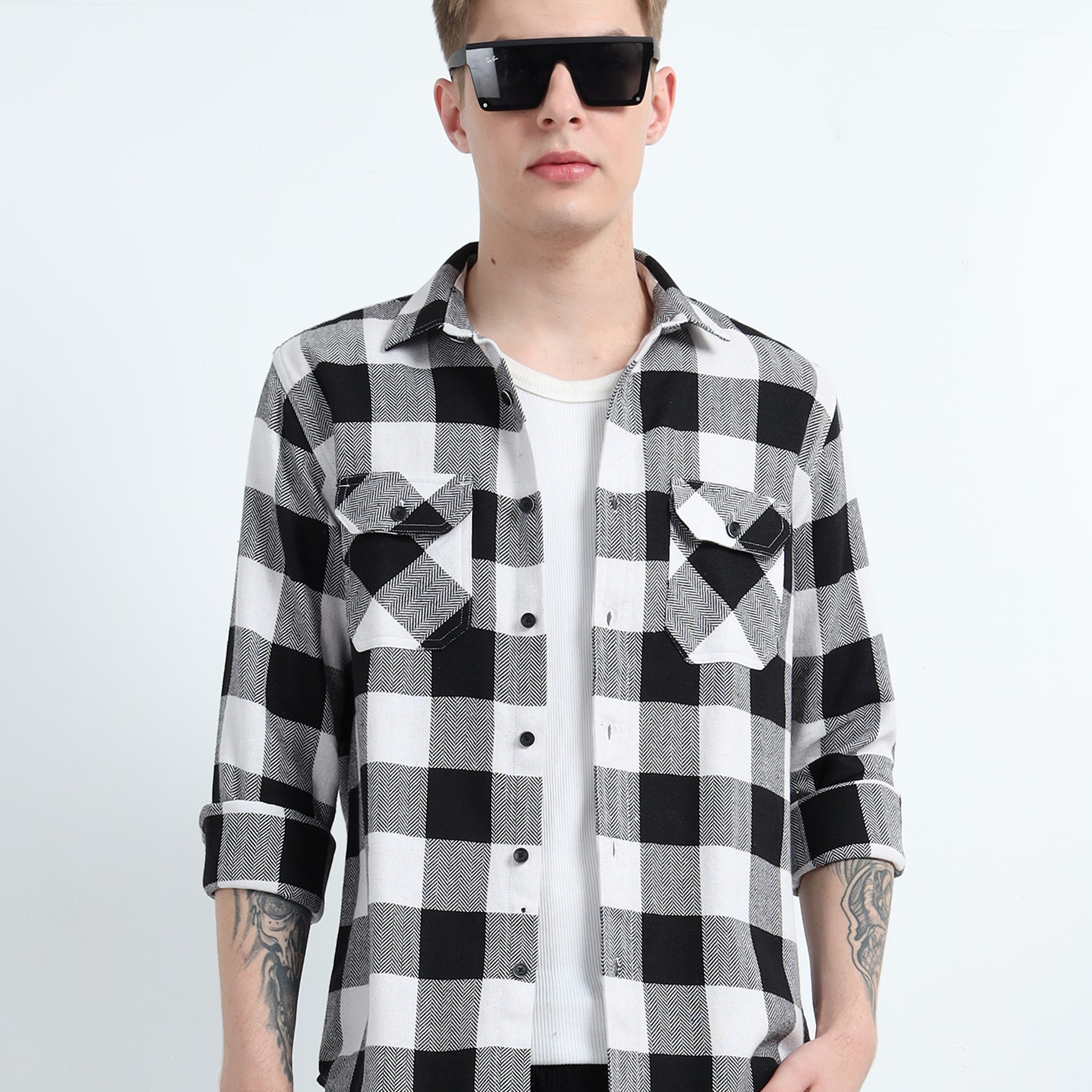 DOBBY CHECKERED DOUBLE POCKET SHIRT