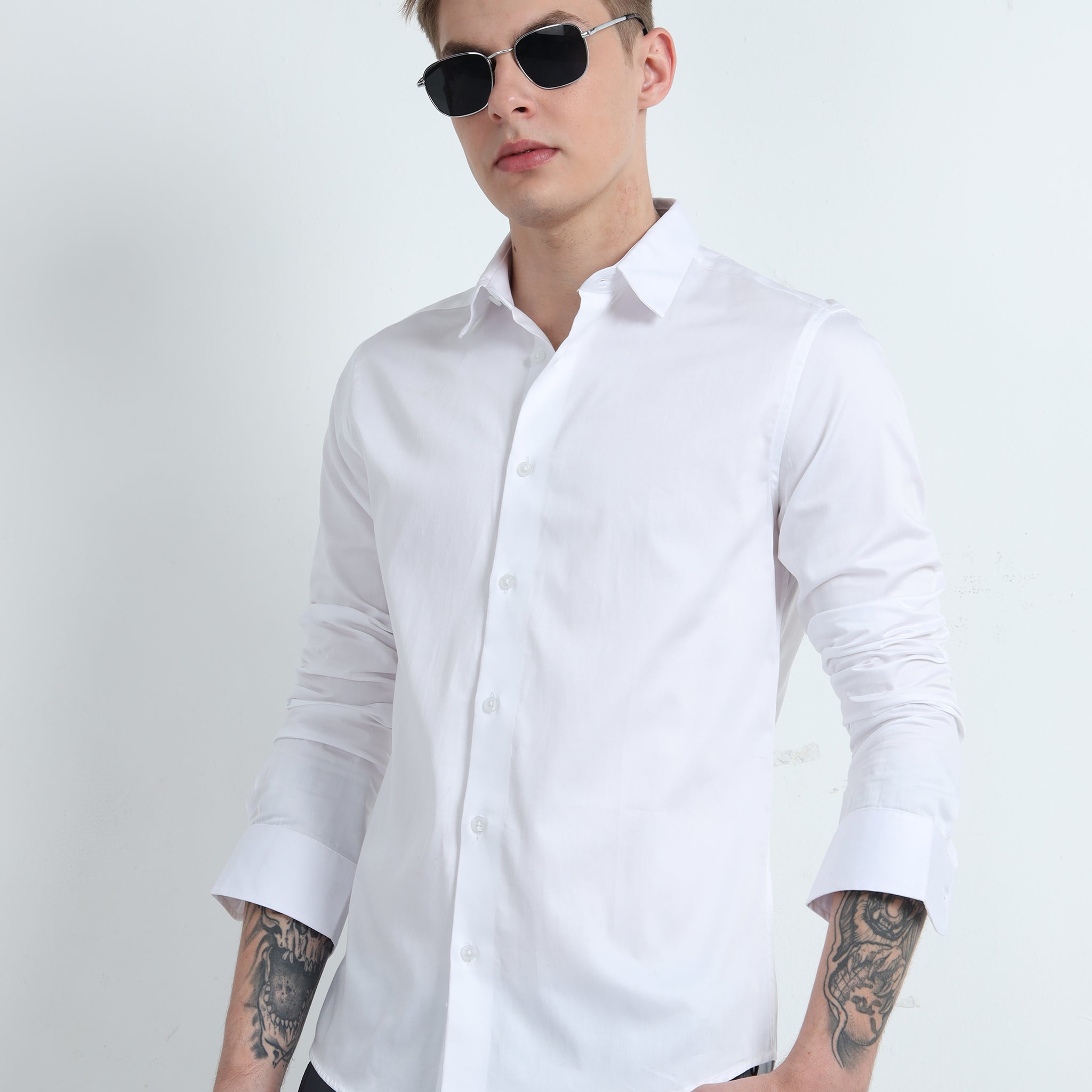 SATIN WHITE POCKETLESS SHIRT