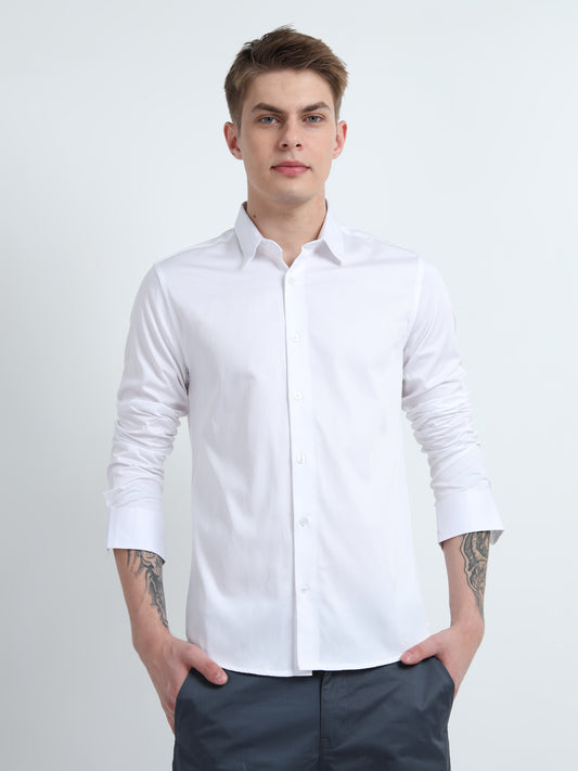 SATIN WHITE POCKETLESS SHIRT