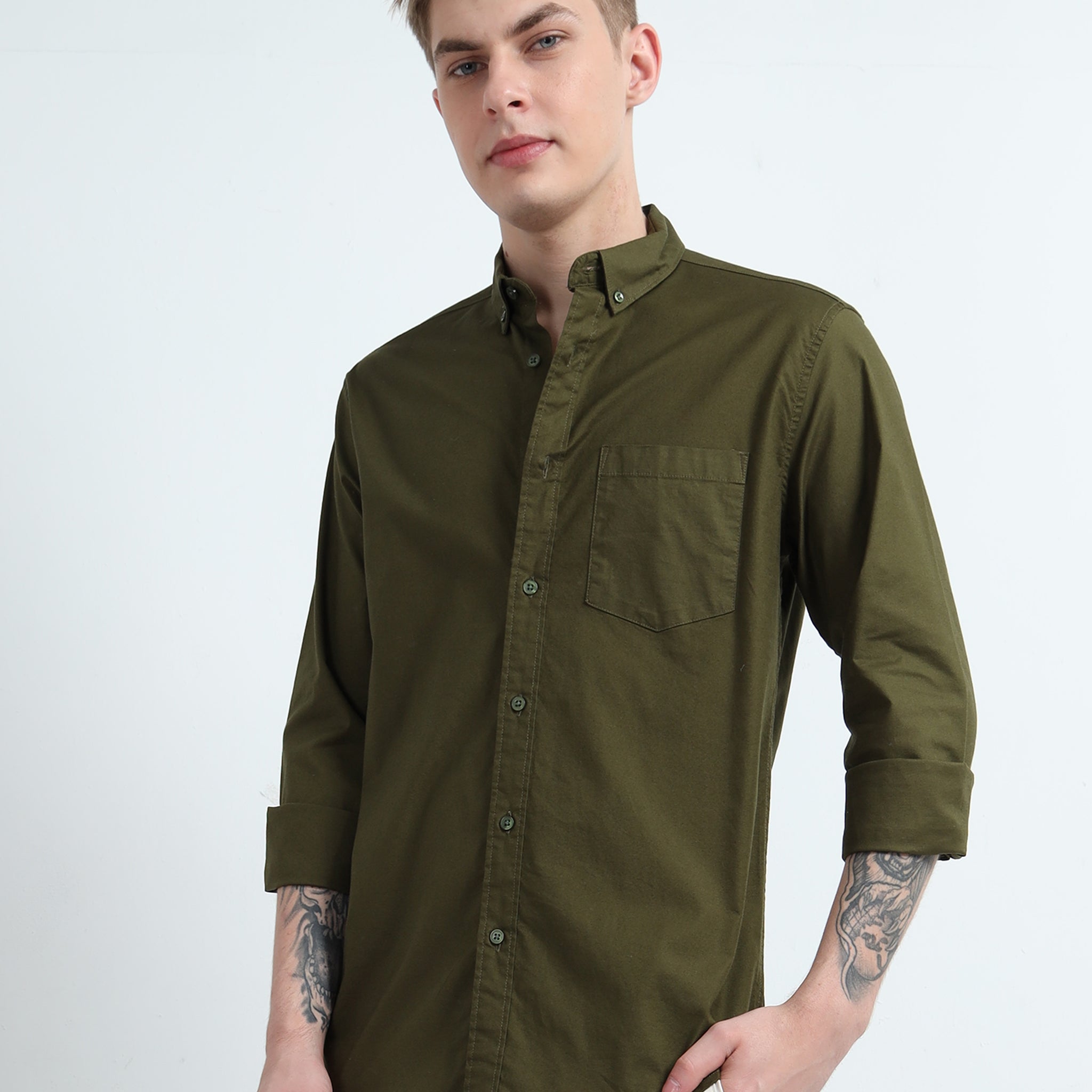 OXFORD PLAIN LYCRA OLIVE COLOUR SHIRT