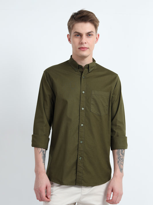 OXFORD PLAIN LYCRA OLIVE COLOUR SHIRT