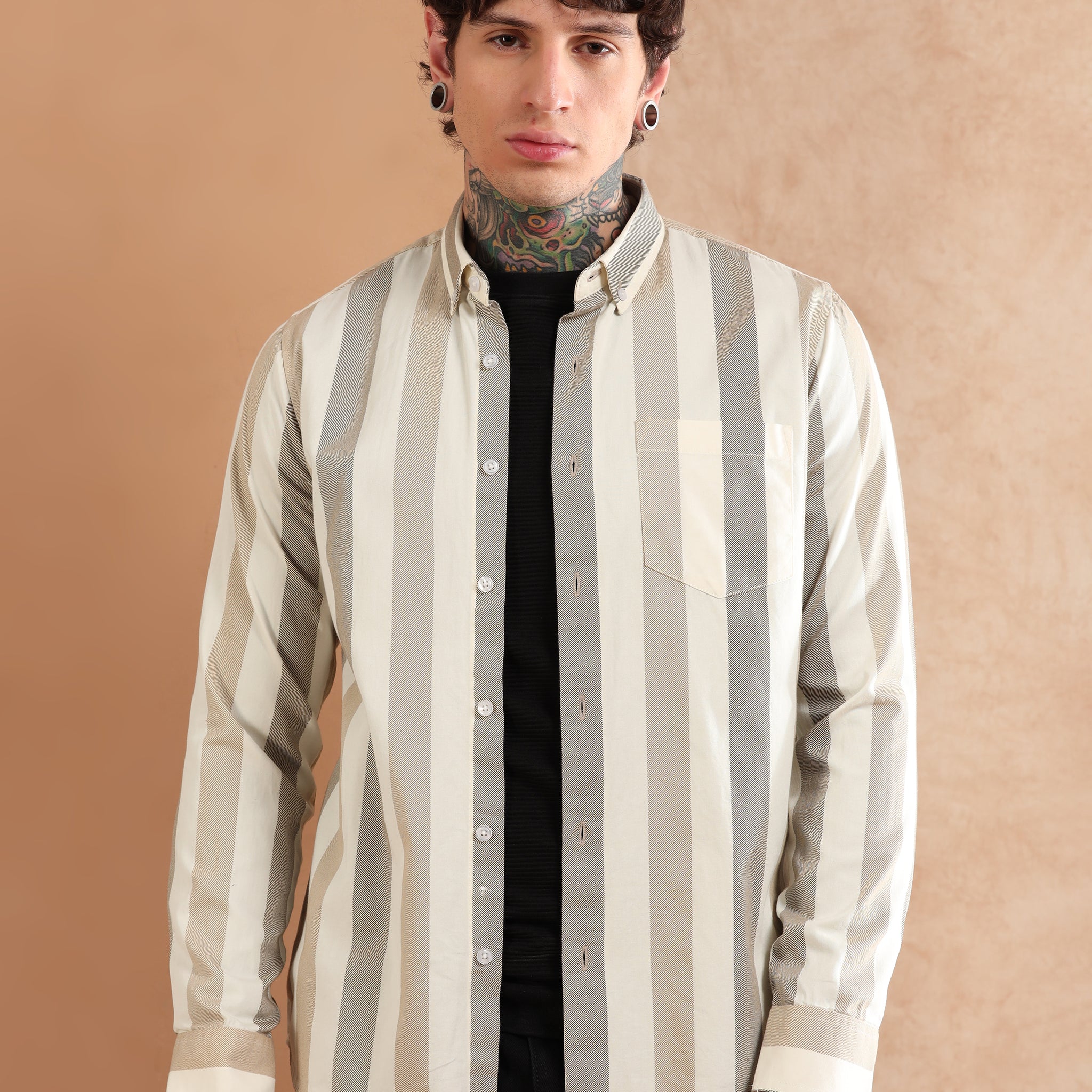 BROWN TWILL PRINTED STRIPED SHIRT
