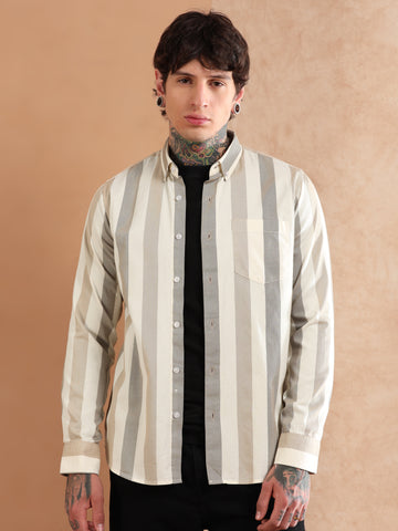 BROWN TWILL PRINTED STRIPED SHIRT