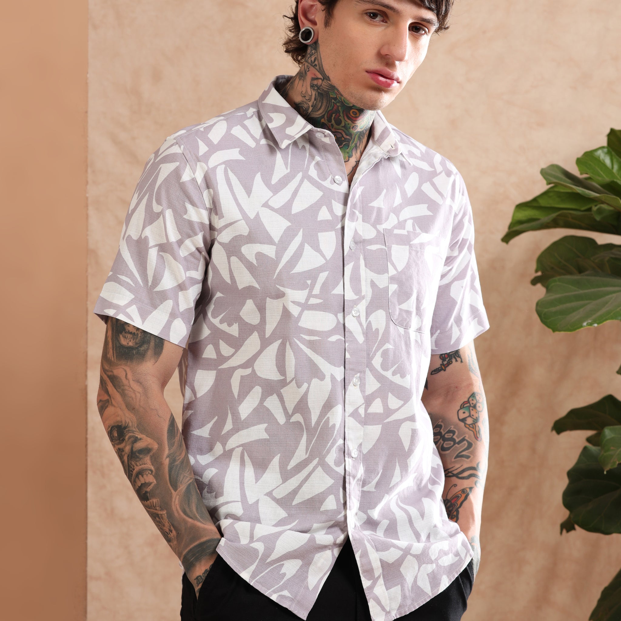 LAVENDER COTTON LINEN DIGITAL PRINTED SHIRT