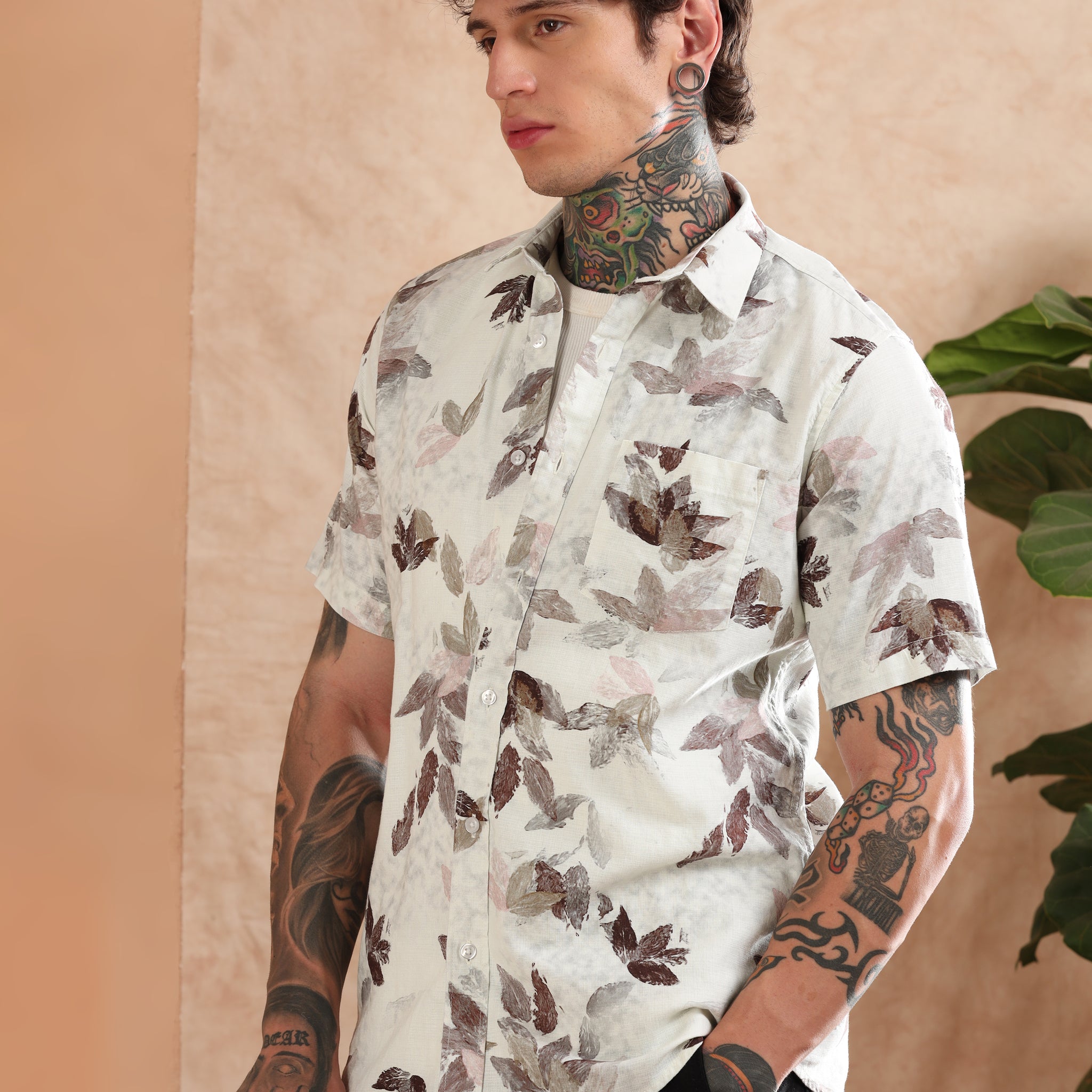 BROWN COTTON LINEN DIGITAL PRINTED SHIRT