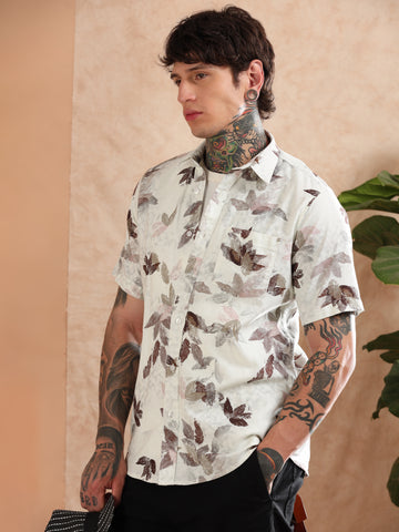 BROWN COTTON LINEN DIGITAL PRINTED SHIRT