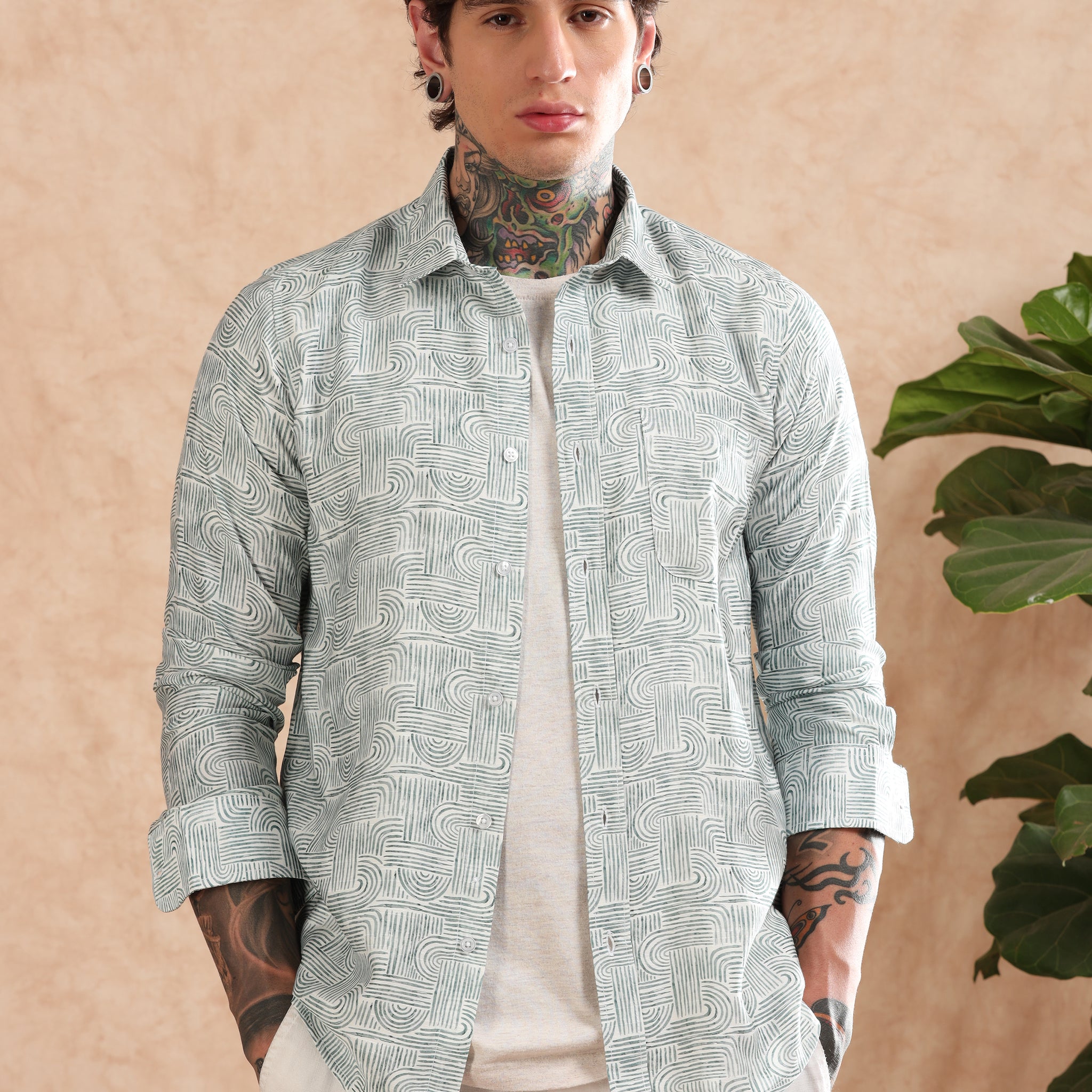 GREEN COTTON LINEN PRINTED SHIRT
