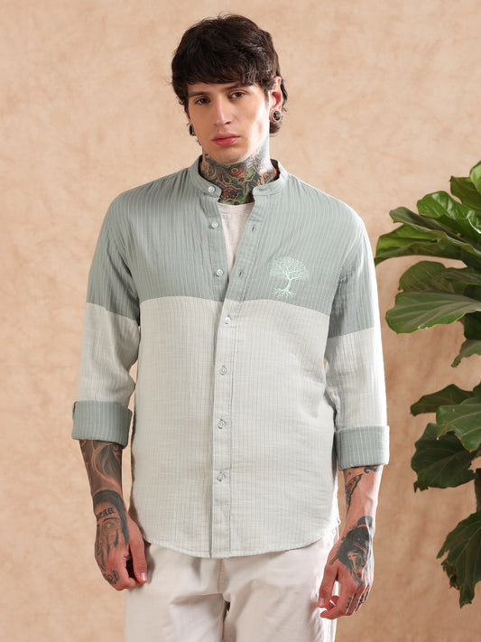 MANDARIN DOUBLE CLOTH STRIPED GREEN SHIRT