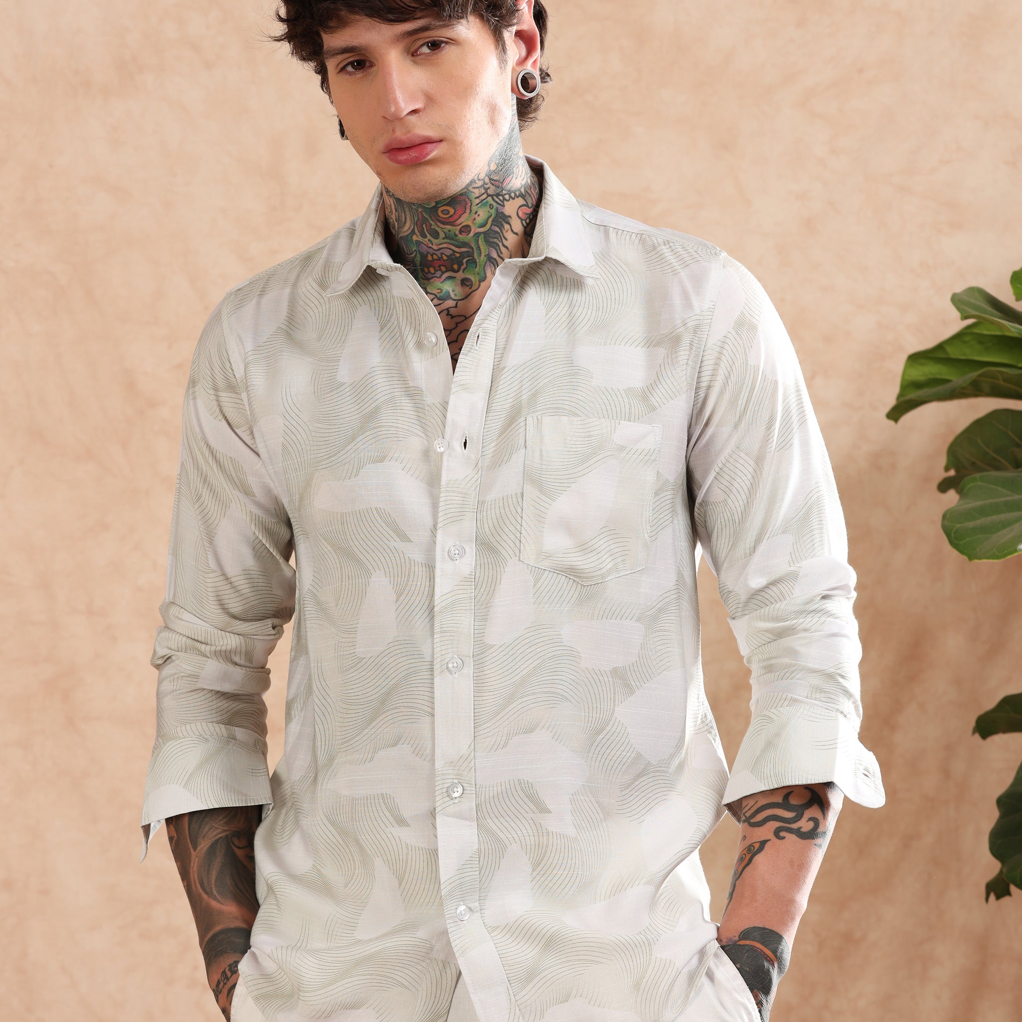 BEIGE COTTON LINEN PRINTED SHIRT