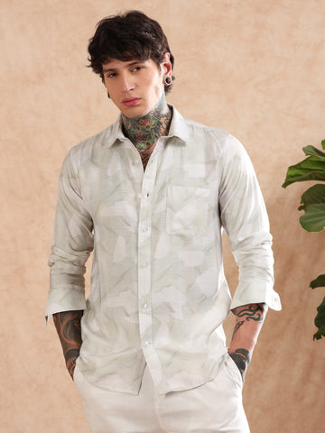 BEIGE COTTON LINEN PRINTED SHIRT