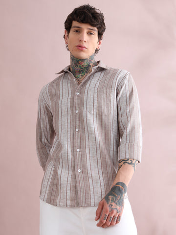 DOBBY STRIPED BROWN SHIRT