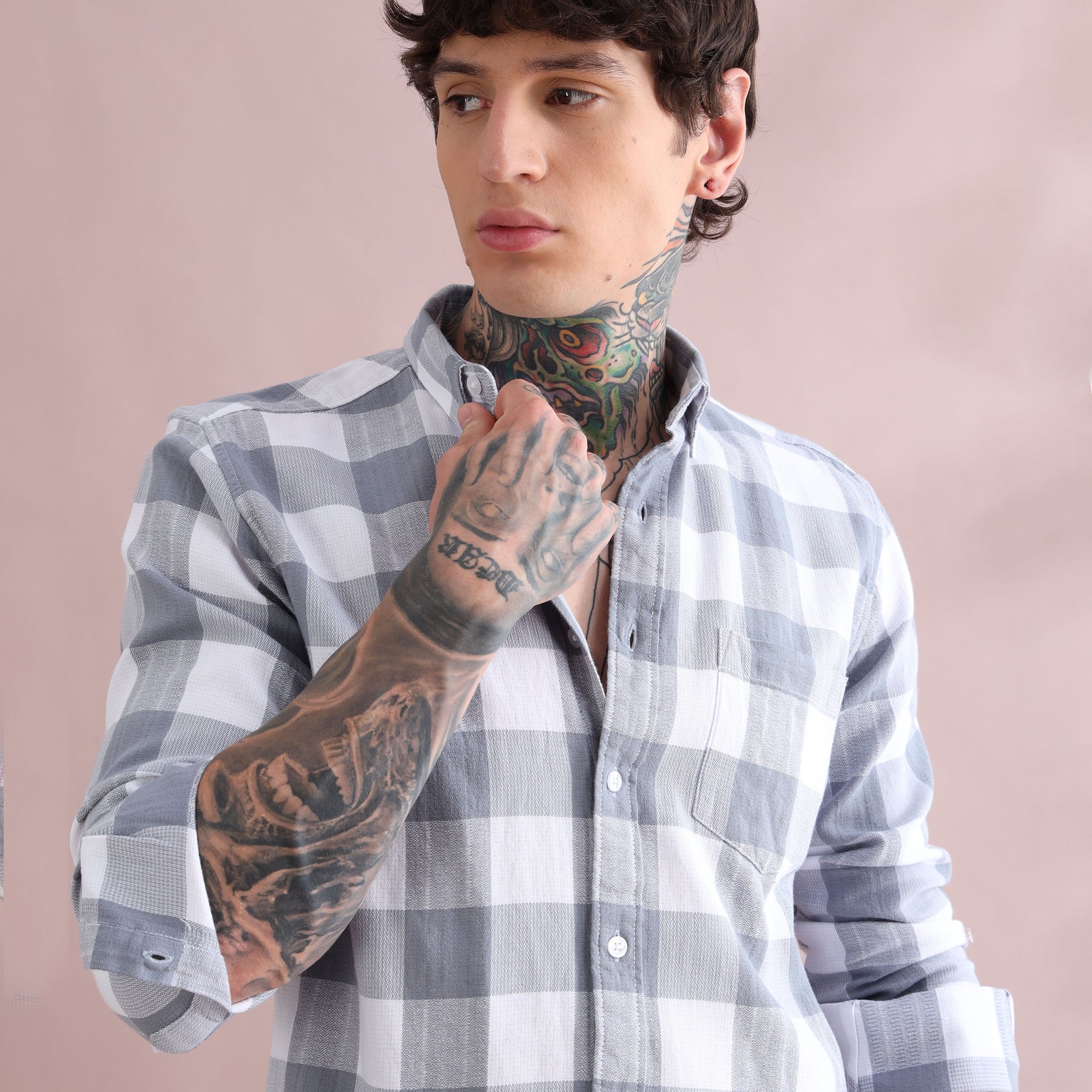 DOBBY BOX CHECKED GREY SHIRT
