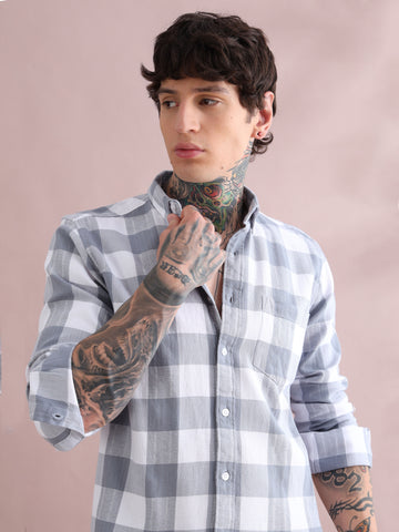 DOBBY BOX CHECKED GREY SHIRT
